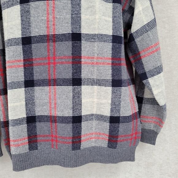 Nautica Vintage Wool V-Neck Navy Gray Red Windowpane Plaid Sweater Men's Large - Picture 2 of 11
